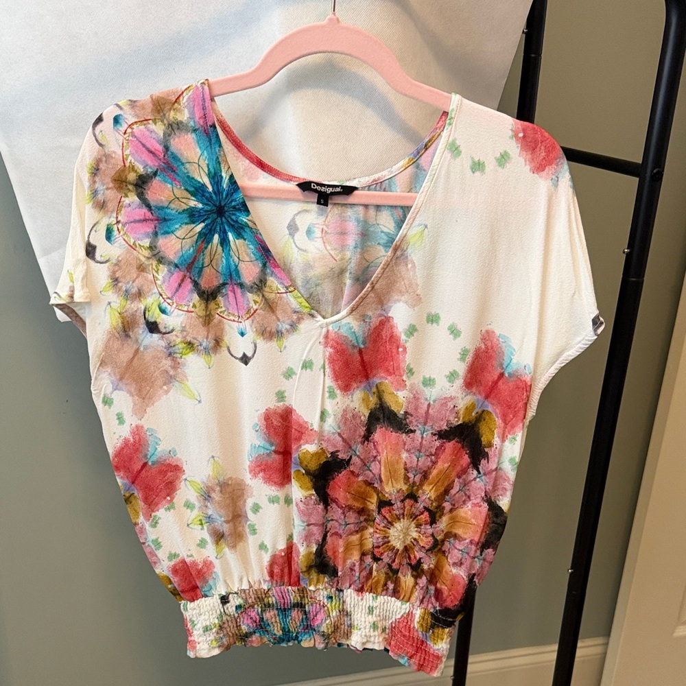 Desigual Women's V-Neck Floral Top - Pink, Blue, Green